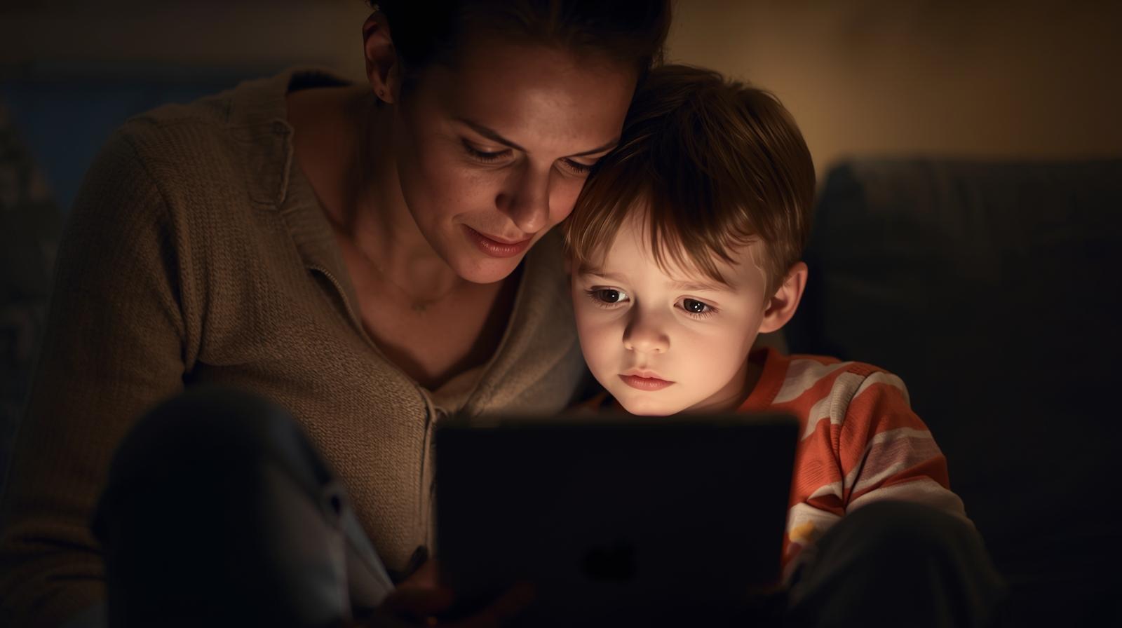 A mother and young daughter sitting on a rug, smiling while looking at a digital tablet together in a modern living room with a decorative tree in the background.